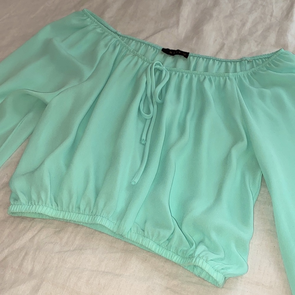 Boho off shoulder teal sheer crop top